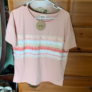BiBi Blush Pink Lace & Coral Trim Short Sleeve Top